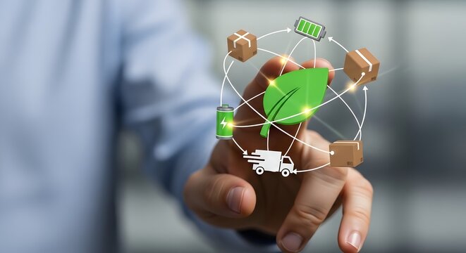 Sustainable Green Logistics and Eco Friendly Supply Chain Management Concept with Digital Icons and Hand Interaction