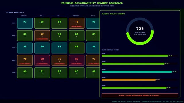 Digital displays showcasing ai accountability frameworks in a dark interface featuring dynamic progress bars and grid charts reflecting system monitoring activity in real time