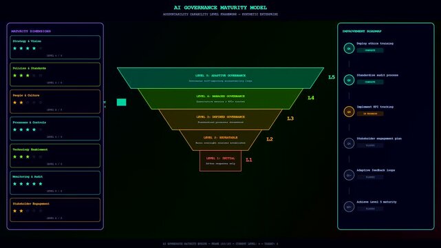Digital ai accountability frameworks displayed through a series of colorful growth charts and workflow diagrams on a dark screen representing modern corporate maturity stage development