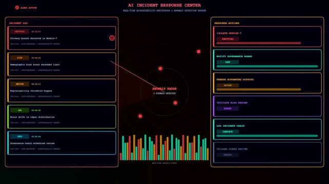 Monitoring data streams with AI accountability frameworks shown on a glowing digital interface dashboard with scrolling incident logs and visual radar signals during operation