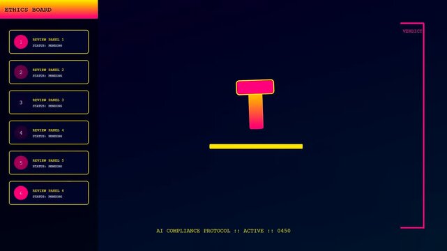 Monitoring the ai accountability frameworks as a digital hammer animation strikes the surface repeatedly within a glowing user interface board featuring neon color gradients and software updates