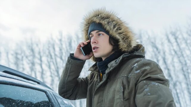 Man in winter coat talks on phone by snowy car. Trees stand bare behind him in frosty air. Snow falls gently, quiet, unobtrusive. Scene captures cold, isolated, real moment