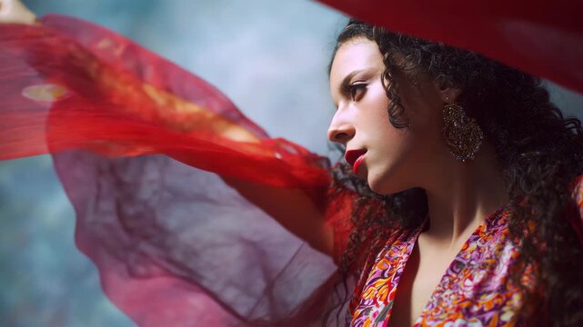 A woman dressed in a colorful patterned dress and red scarf strikes a dynamic pose with her arms outstretched.