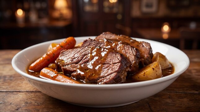 American Beef Pot Roast dish featuring slow braised beef slices in brown gravy beside carrots and potatoes