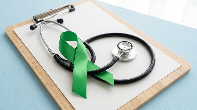Green awareness ribbon with stethoscope on clipboard. Medical concept for mental health, liver cancer, or organ donation awareness on blue background.