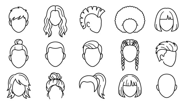 Set of diverse hairstyles and haircuts line art icons