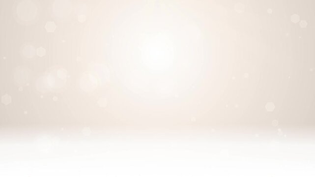 Elegant White Studio Bokeh Background. Seamless loop animation of glowing hexagonal particles and soft lights on a clean minimalist stage for corporate and commercial video presentations.