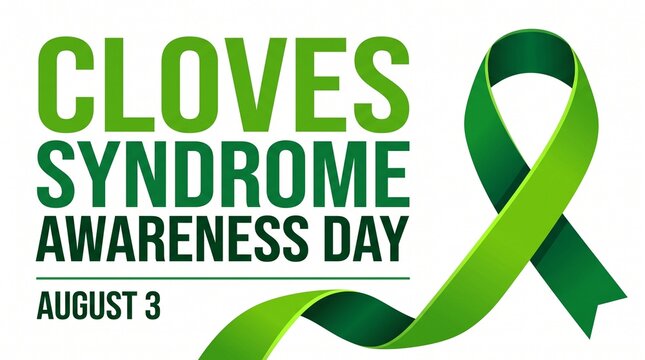 CLOVES Syndrome Awareness Day graphic with green ribbon and August 3 date on white background. Healthcare advocacy poster for rare disease awareness and medical support.