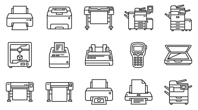 Office printer and copier hardware line icons set