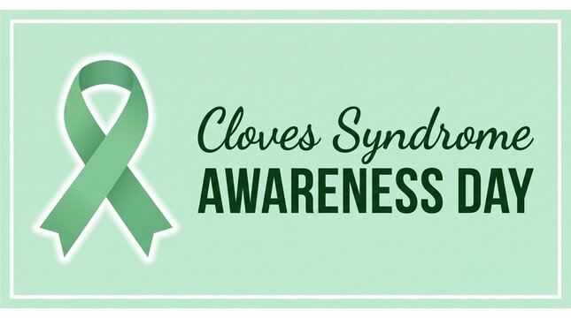 Cloves Syndrome Awareness Day banner with green ribbon on light background. Medical campaign graphic for rare disease advocacy and health education.