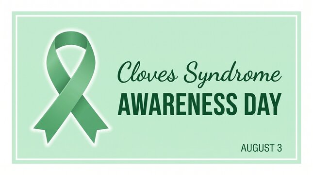Cloves Syndrome Awareness Day graphic with green ribbon and August 3 date on light green background. Ideal for healthcare campaigns, rare disease advocacy, and medical awareness.