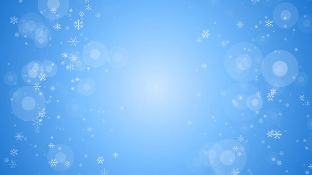 Blue Winter Snowflakes Background. Seamless loop animation of falling snow and glowing bokeh circles on a light blue gradient for seasonal holidays and festive video projects.