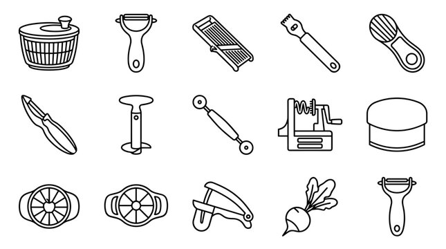 Essential kitchen vegetable peelers and slicing tools line icons