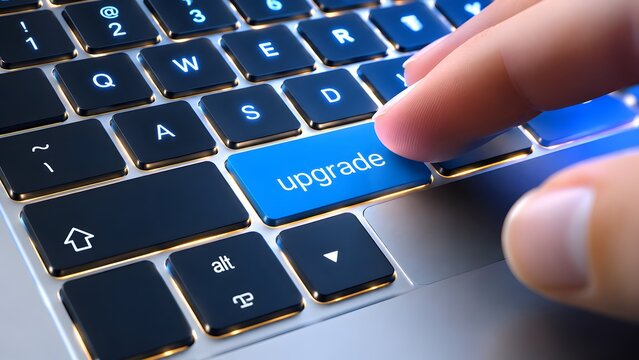 Finger pressing blue upgrade button on illuminated computer keyboard. Concept of system improvement and business software modernization for growth.