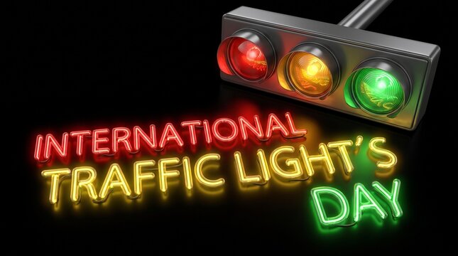 International Traffic Light Day 3D render with glowing neon text and traffic signal on black background. Road safety awareness and transportation holiday concept for social media or web banner.