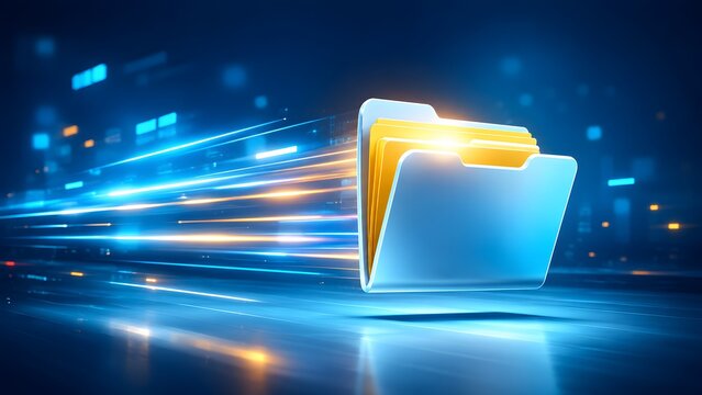 Illuminated yellow file folder flying through high speed digital data lines. Concept of rapid cloud data migration and automated enterprise document management systems.