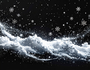 Obraz premium Snow splash and falling snowflakes effect on black background for overlay and christmas design