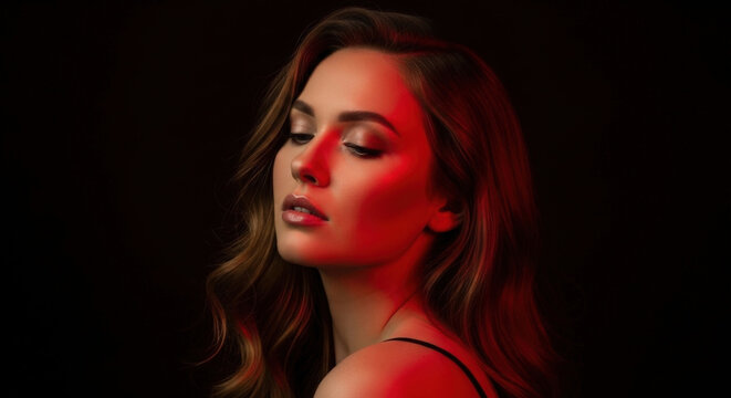 Portrait of stunning woman with long wavy hair posing against dark background illuminated by soft red light cinematic mood beauty photography.