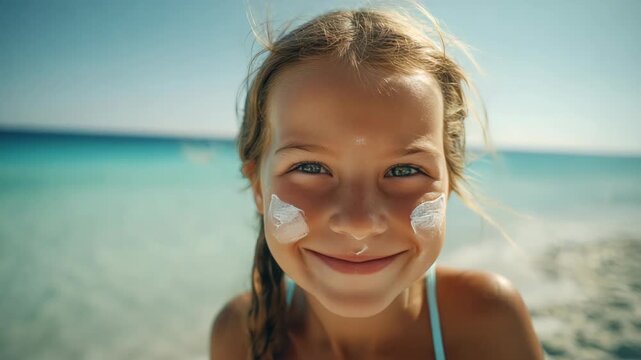 A smiling young girl with sunscreen on her face. She has blonde hair and is wearing a bikini.