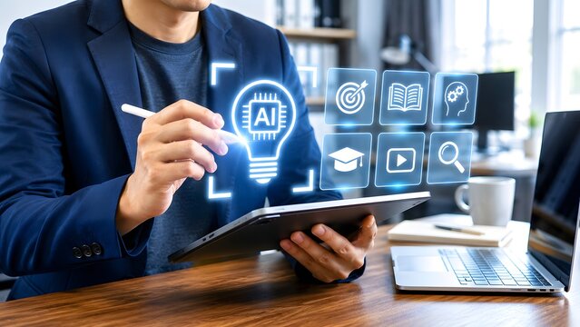 Man using stylus on tablet with glowing artificial intelligence lightbulb and education icons. Concept of smart e-learning for corporate training.