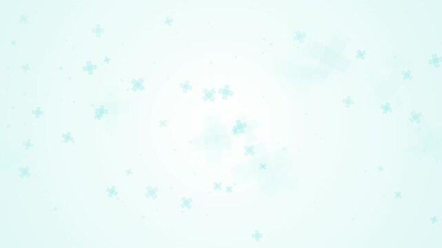 Medical Healthcare Cross Symbols Background. Seamless loop animation of floating plus signs on a clean teal scientific background for hospital and clinical video projects.