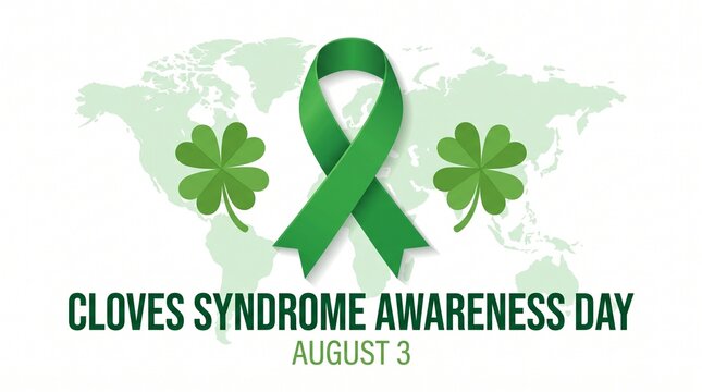 CLOVES Syndrome Awareness Day banner with green ribbon, clover leaves, and world map graphic on white background for August 3 medical healthcare campaign.
