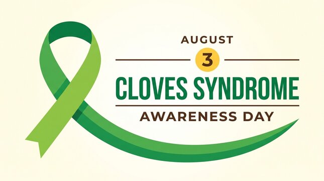 CLOVES Syndrome Awareness Day graphic for August 3 with a green ribbon. Minimalist medical design for healthcare advocacy, rare disease education, and social media campaigns.