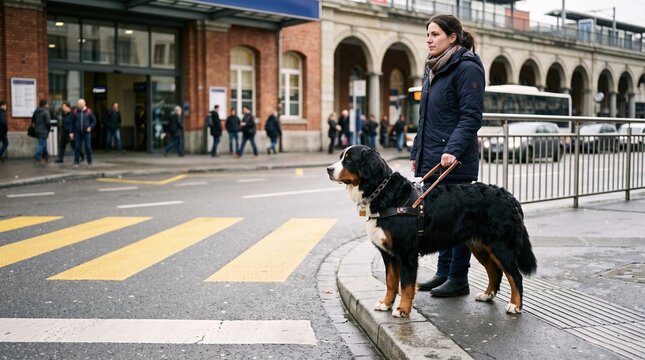 Woman with a guide dog standing at a city street crossing