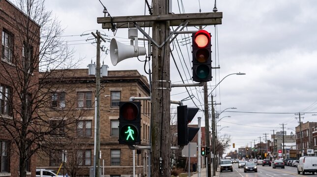 Traffic light and pedestrian signal on urban utility pole with green walk sign and red light. City street background with cars and brick buildings. Urban safety and transportation concept.