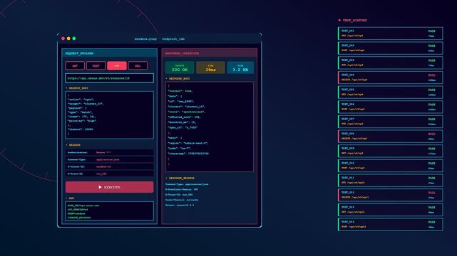 the api integration software interface displays real time server response data within a dark theme digital environment showing multiple sequential network request test cycles