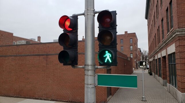 Green pedestrian walk signal and red traffic light on a city street with brick buildings.