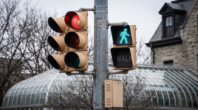 Traffic light red pedestrian signal green walk. Urban street crossing with green walking man icon and red stop light for vehicles against a city background.