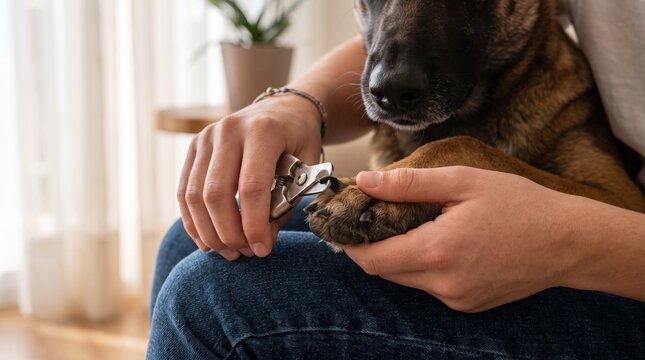 Person trimming dog nails with clippers at home