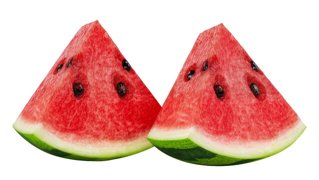 Isolated fresh ripe watermelon slices with dark seeds showing delicious juicy red pulp