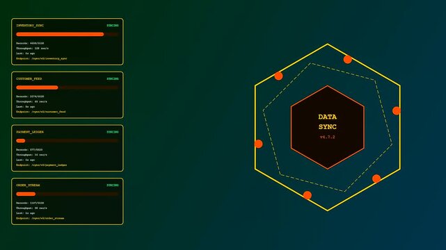A digital api integration display featuring glowing hexagonal loading bars and geometric shapes in a dark screen interface for monitoring system network performance data throughput