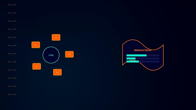An api integration system displays modular data nodes connecting to a central core hub in this animated graphic sequence for complex digital network monitoring