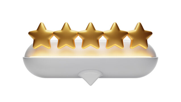 Isolated five shiny golden stars glowing brightly on a sleek modern review speech bubble