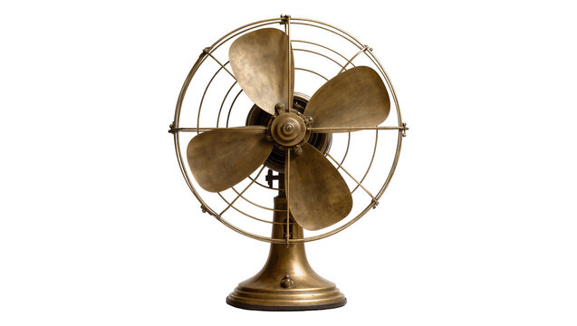 Isolated vintage brass desk fan, classic design, aged metal texture, old electric appliance.