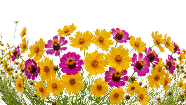 Isolated vibrant field of colorful yellow and magenta flowers with fresh green foliage and buds blooming