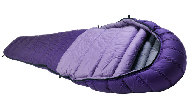 Isolated cozy purple sleeping bag with light lavender interior for comfortable outdoor adventures