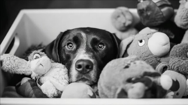 A dog peeking from a pile of stuffed toys.