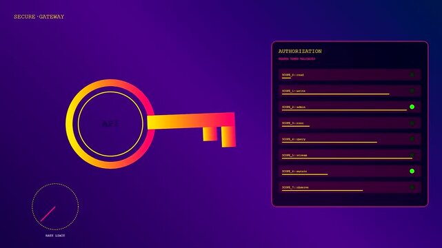 A digital API integration interface displays glowing authorization scopes as an animated key graphic transitions across three separate frames to illustrate secure web system data flow