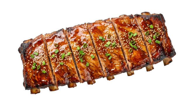 A succulent rack of grilled bbq pork ribs glazed in savory sauce, captured in a top-down studio shot against a clean white background.
