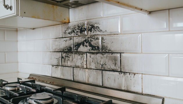 Black Mold Growth on Kitchen Tile Backsplash Behind Gas Stove in Residential Home