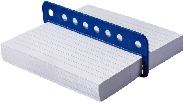 Isolated large stack of blank lined white index cards held by a blue metal clip