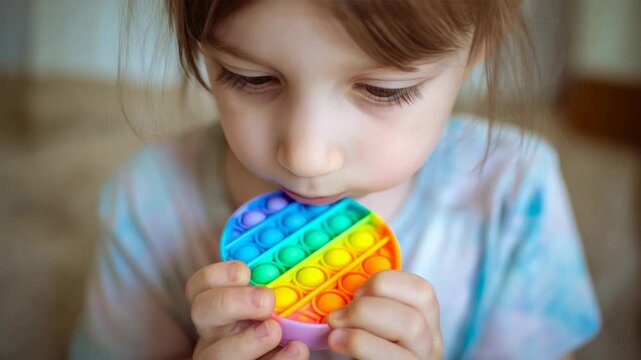A young child holding and licking a colorful rainbow-colored lollipop with joy.