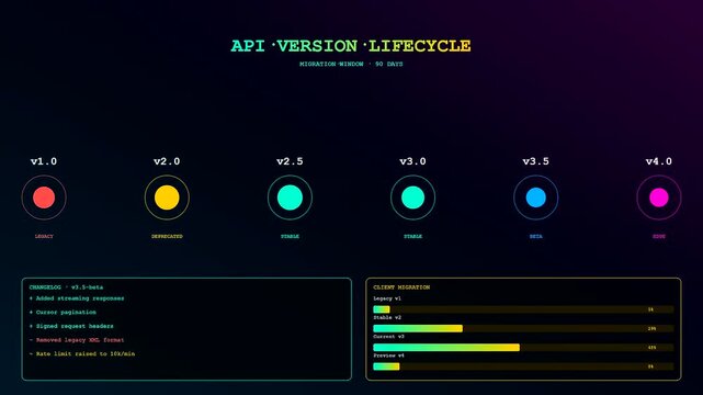 A digital api integration interface displays version updates and progress metrics on a dark glowing display screen used for monitoring software development lifecycle stages
