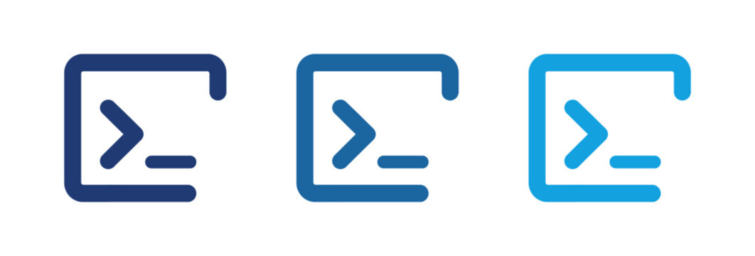 Set of three blue command line terminal icons for software development and coding.