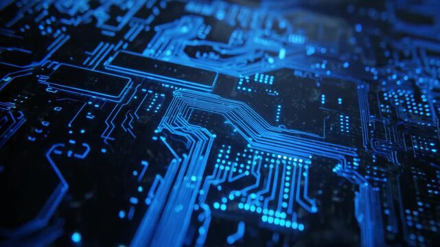 Blue glow illuminates circuit board details. Tiny LED points shine along metallic traces. Complex pathways reflect advanced technology. Dark background enhances glowing circuitry