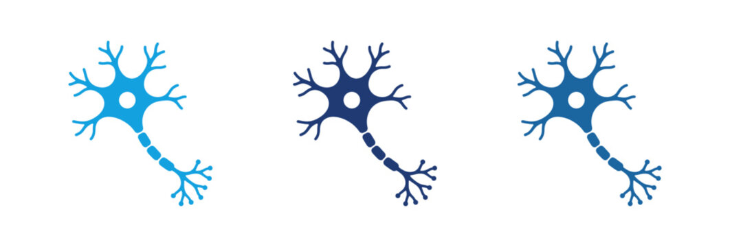 Three blue human neuron cell icons representing brain activity and neural networks.